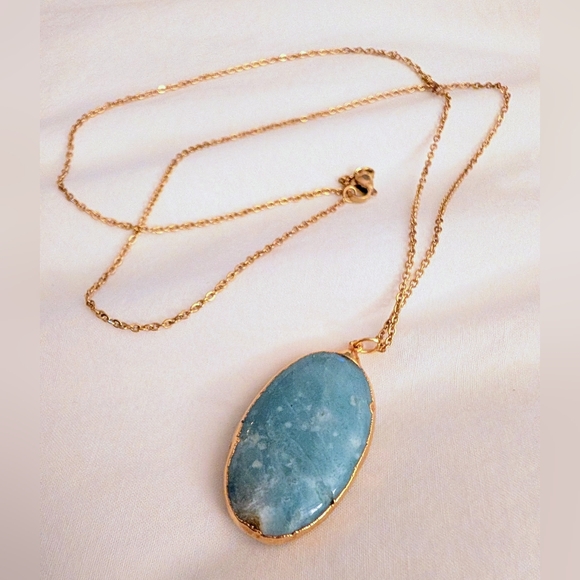Large Oval Larimar Stone Pendant, Hand Made Gold Setting, Simple Chain Necklace - Picture 3 of 6